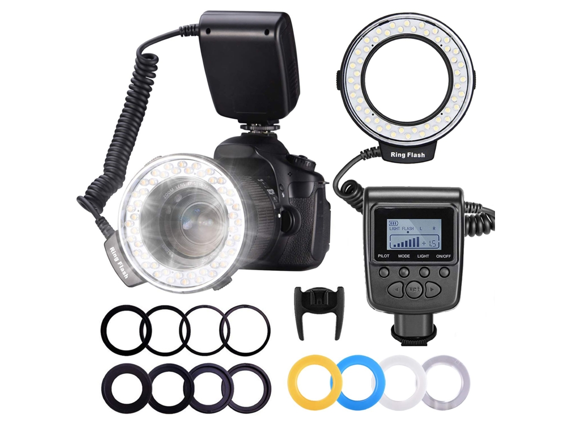 Flash anular macro Neewer de 48 LED. Incluye 4 difusores (transparente, cálido, azul, blanco) para cámaras réflex Canon, Nikon, Panasonic, Olympus y Pentax.
