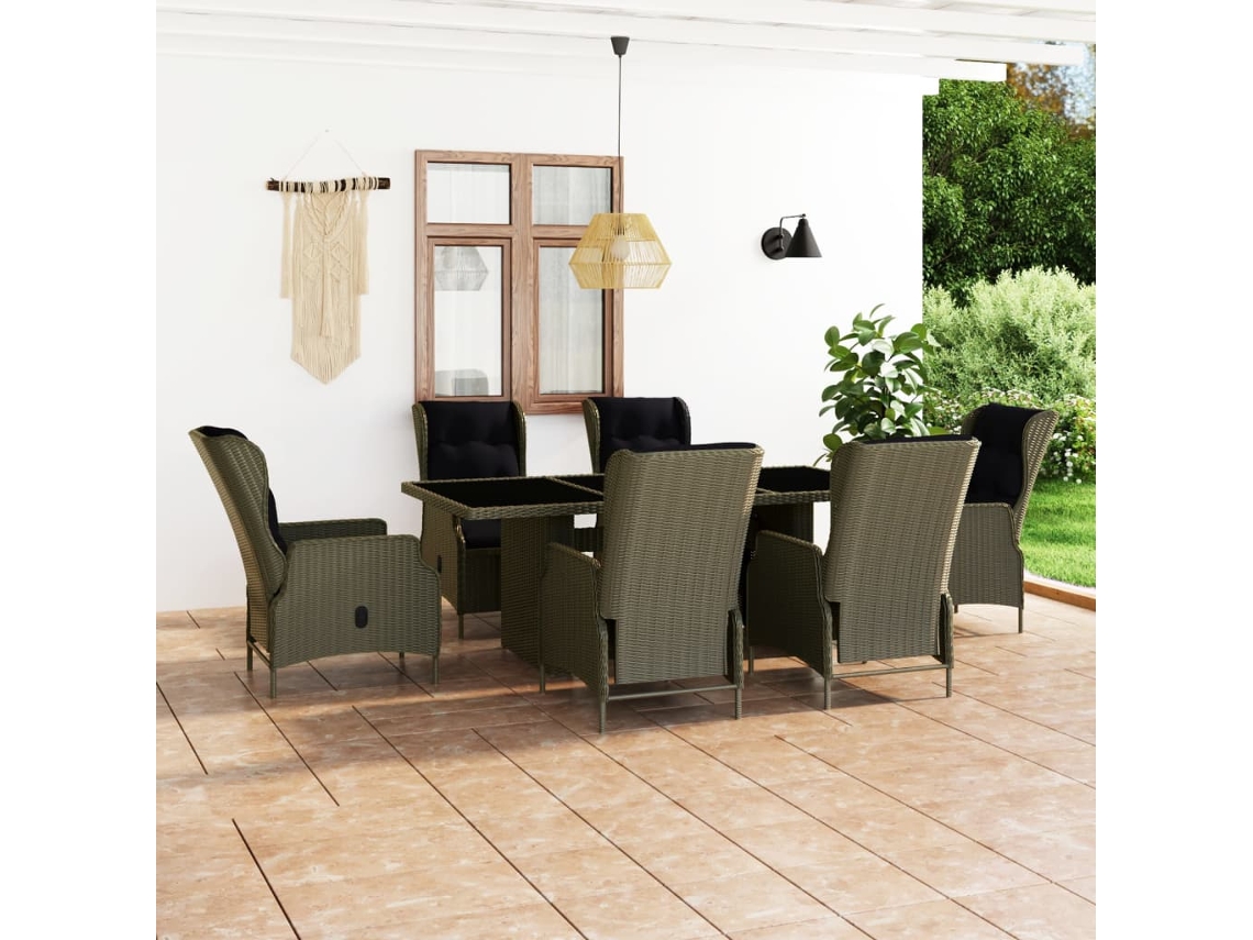 Conjunto 7 Piezas Jantar Exterior Com Almofadões Vime Pe Castanho Dkd Home Decor