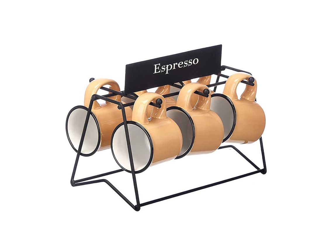 Set De 6 Tazas Beige Para Café De Porcelana Con Soporte De Metal. 100 Ml De Capacidad.
