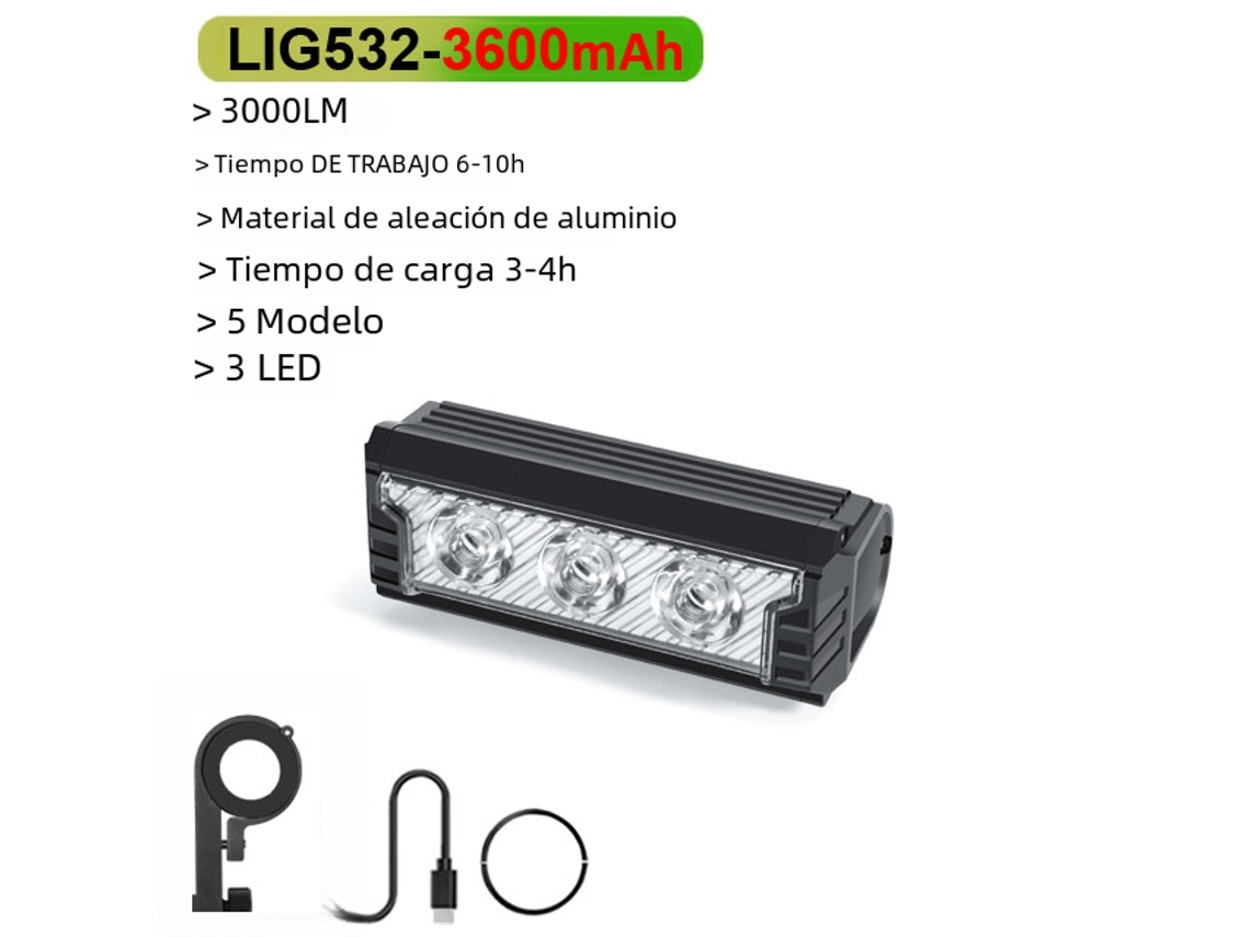 Luz delantera para bicicleta, resistente al agua, para ciclismo de montaña y carretera, con carga USB. Mdug (3600 mAh)