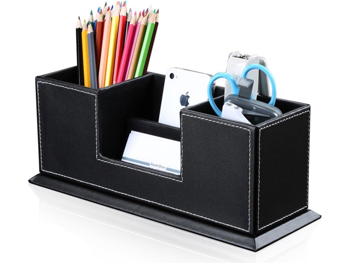 Suministros De Oficina Organizador De Escritorio Caja De Almacenamiento De Cuero Pu 4 Compartimentos Divididos (Negro) ZMDECQNA