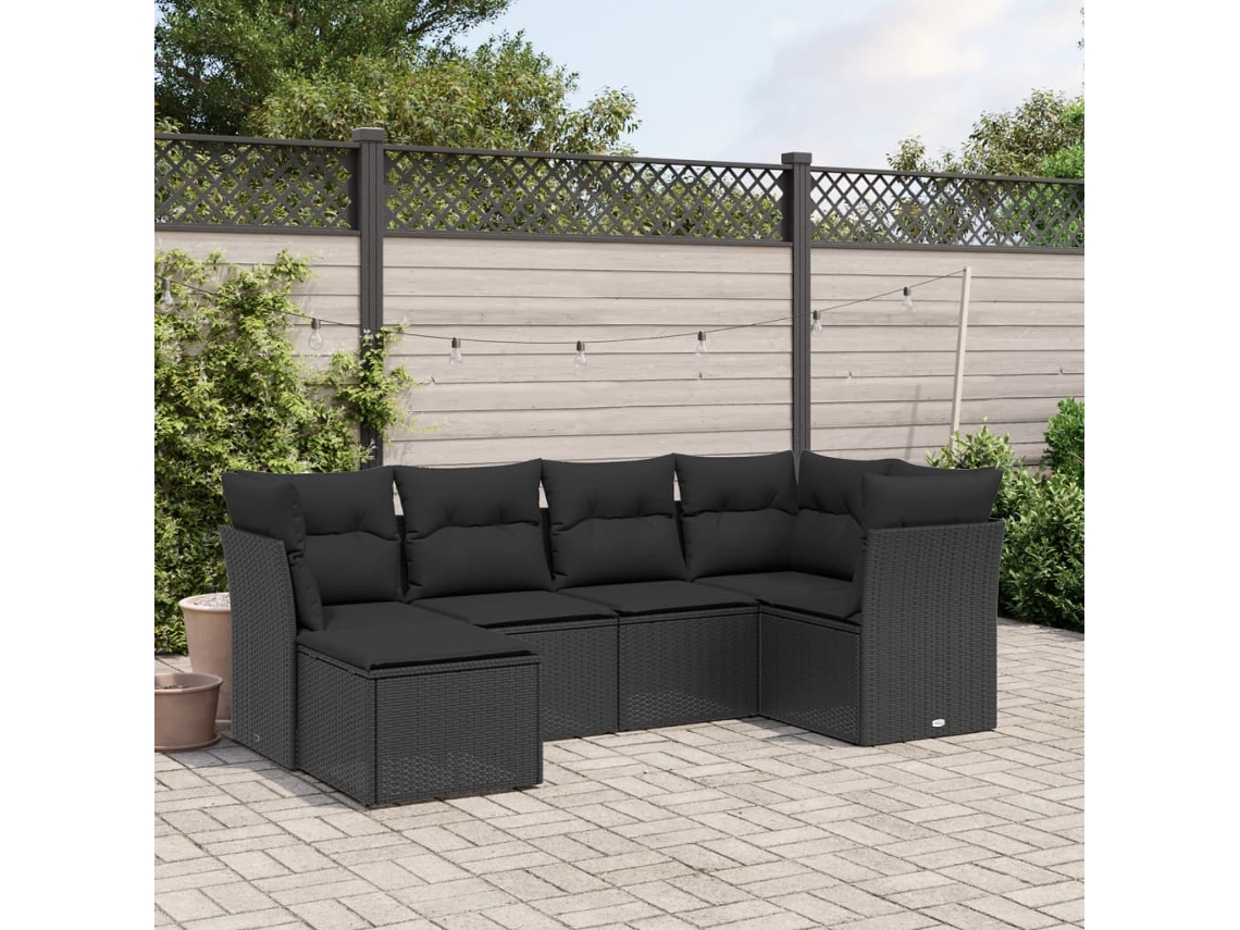 Conjunto de sofá de jardín de 6 piezas con cojines, mimbre sintético negro, DKD Home Decor