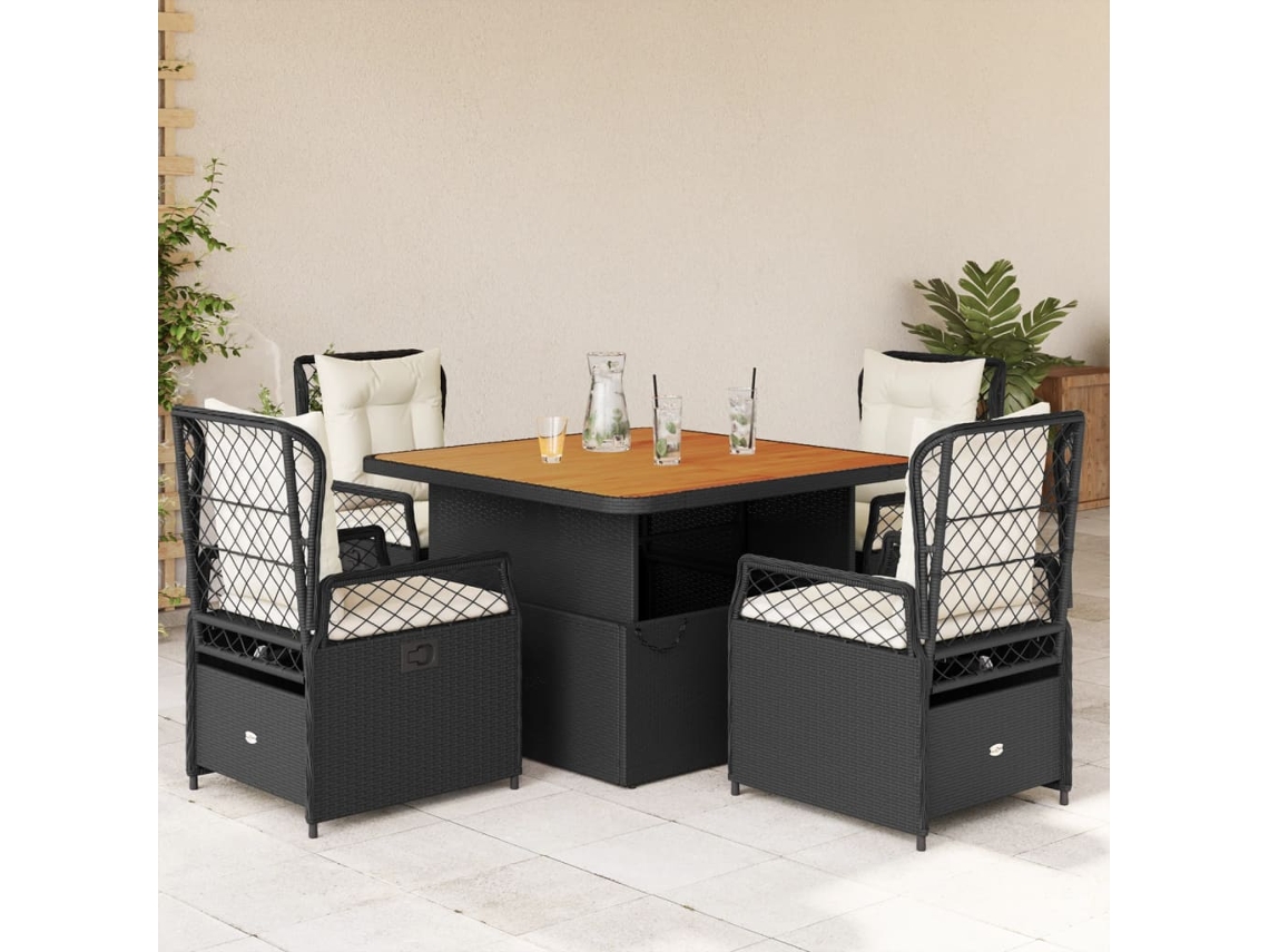 Juego de comedor de jardín de 5 piezas con cojines, mimbre sintético negro, DKD Home Decor