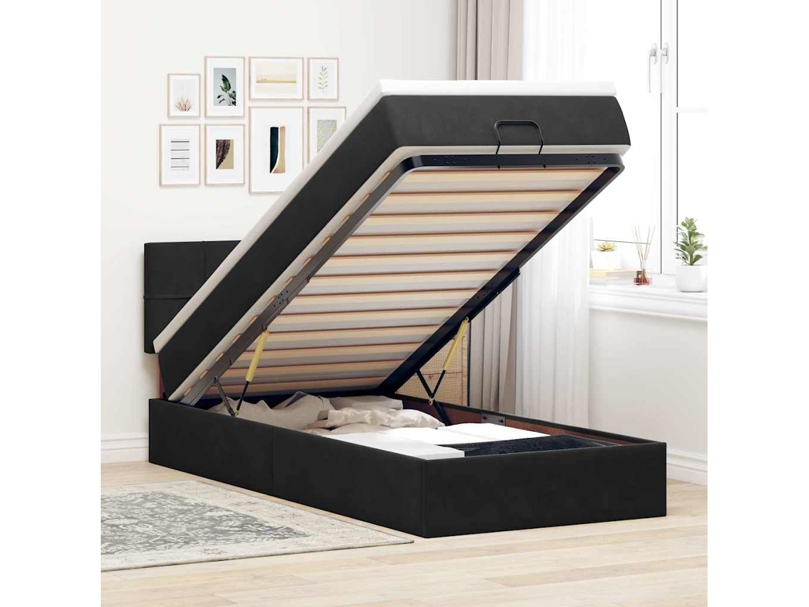 Estructura cama otomana colchón terciopelo negra 90x190 cm