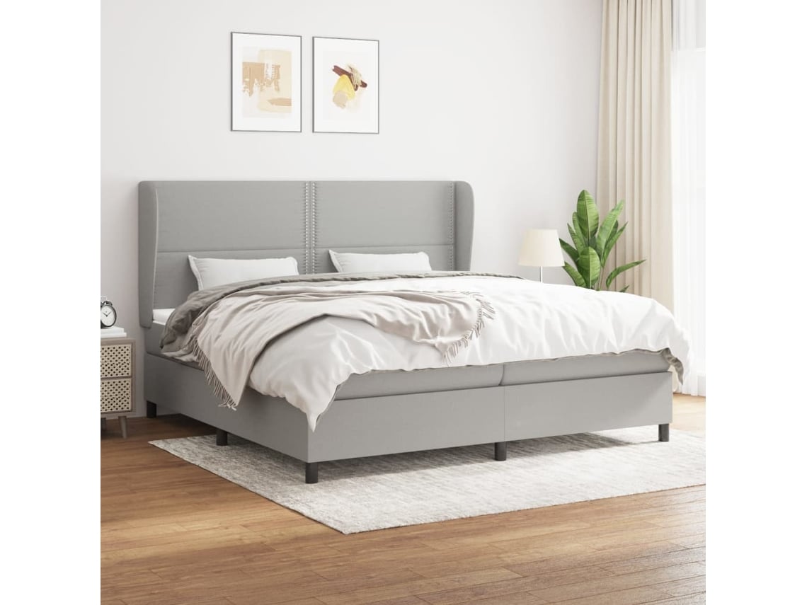 Cama Box Spring Con Colchón Tela Gris Claro 200x200 Cm