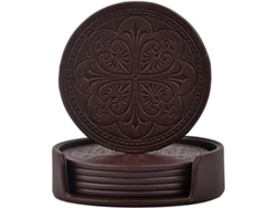 2026-41286-posavasos De Cuero Pu Absorbentes Set De 6 Con Porta, Redondos Para Mesa De Madera, Café