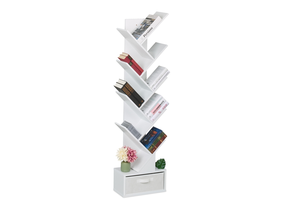 Estante Relaxdays, 9 Níveis, Axlxp: 146 X 38 X 22 Cm, Design De Árvore, Livros, Cds, Dvds, Estante Com Gaveta, Branca