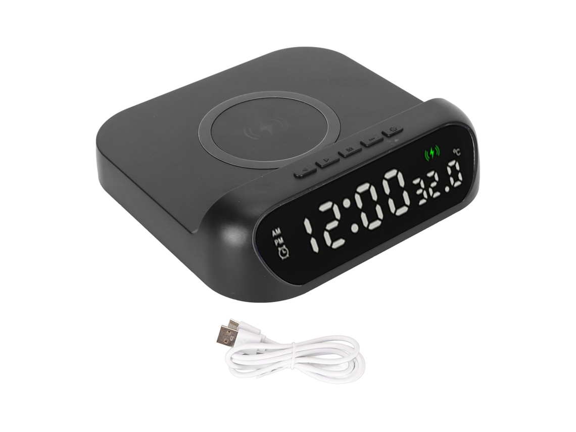 Reloj Alarma Inalámbrico Cargador 10w Pantalla Led Temperatura Volumen Gradual Estación De Carga Negro