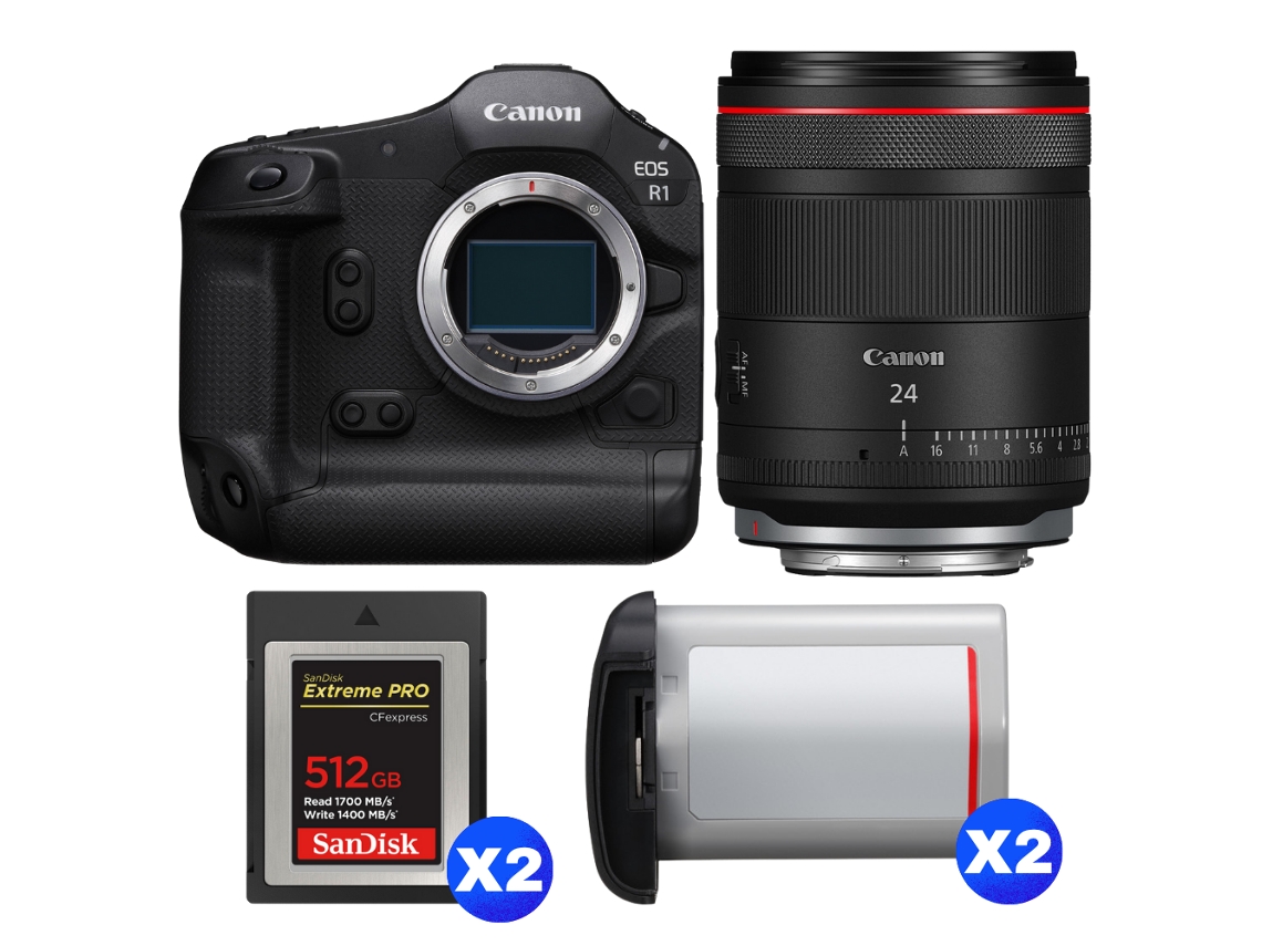 Canon EOS R1 + RF 24mm F/1.4 L VCM + 2 Sandisk 512GB Extreme Pro CFExpress Tipo B + 2 Canon LP e19 + Libro electrónico “20 consejos para fotos impresionantes”
