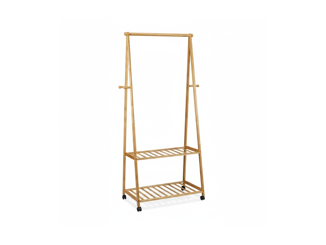 Relaxdays Perchero Ruedas, Burro Ropa Con 2 Estantes Para Zapatos, Colgador, 1 Ud., Bambú, 166 X 84 X 45 Cm, Marrón