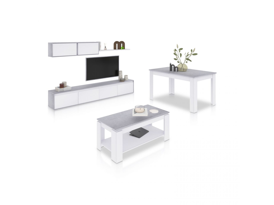 Pack salón con mesa de centro y mesa de comedor Arlet Max Blanco Artik (Blanco Mate) - Gris Cemento 200 x 43 x 41 cm