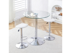 Mesa De Bar De Vidrio Transparente 89 Cm Con 2 Taburetes Regulables, Estructura Plateada, Ahorra Espacio