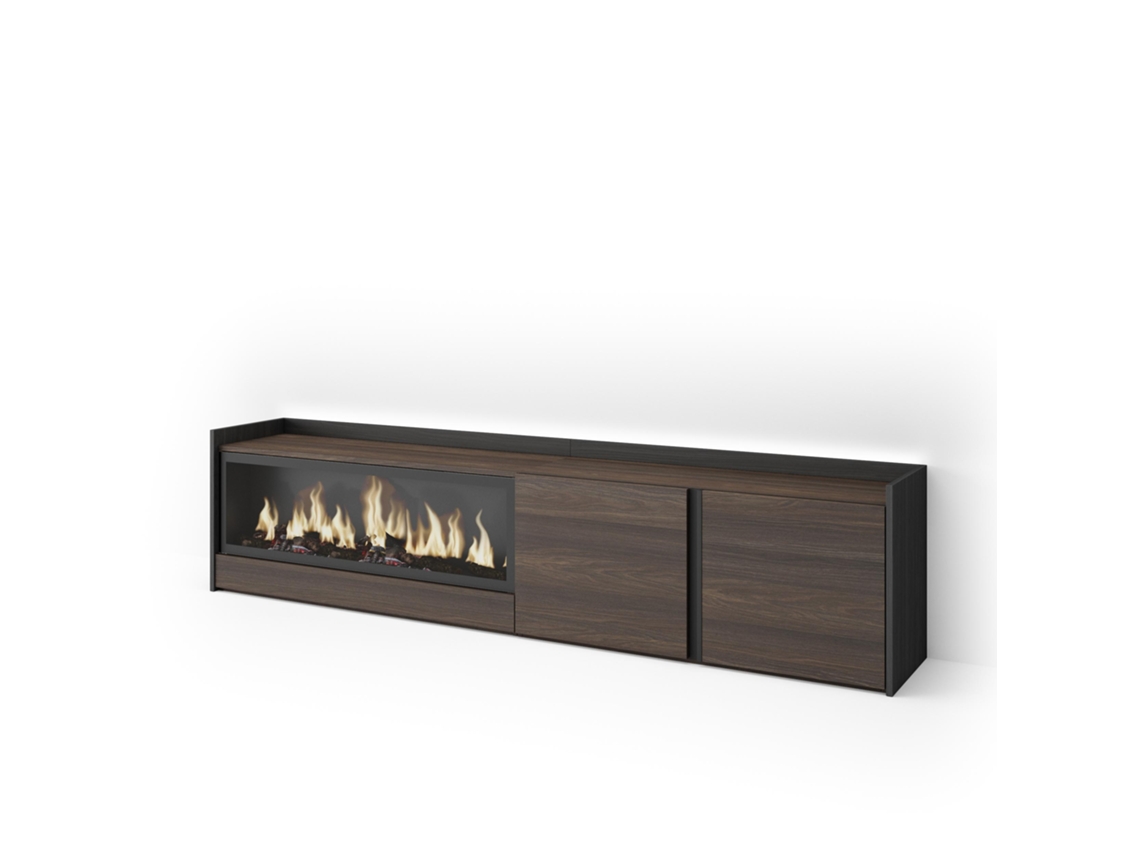 Mueble para TV, 212x35x50cm, para televisores de hasta 80'', chimenea eléctrica XXL, LED, roble oscuro y negro.