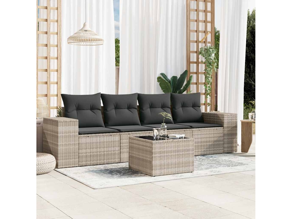 Juego de 5 piezas. Sofás de jardín con cojines de mimbre gris claro Lovely Home
