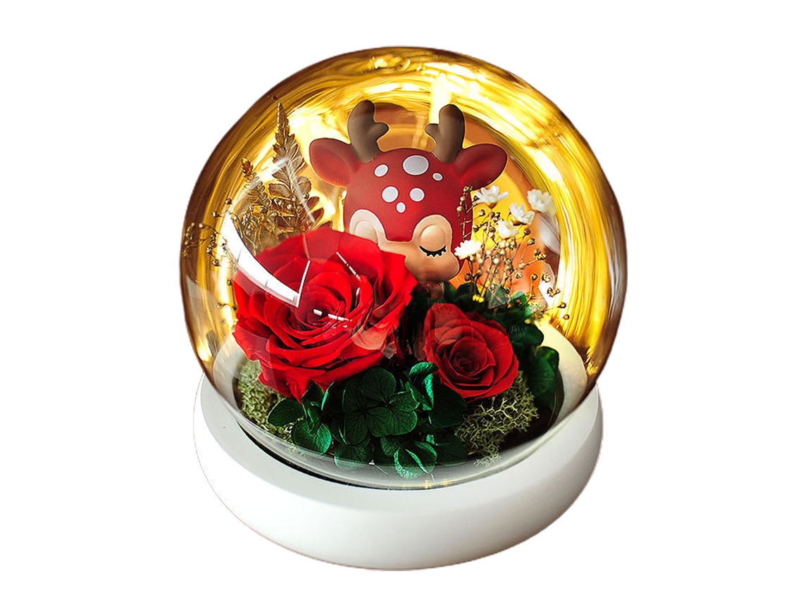 Decoración de flores eternas con rosa y muñeco de ciervo en cúpula de cristal con luz para regalos de cumpleaños y fiestas JEIIBRZUI