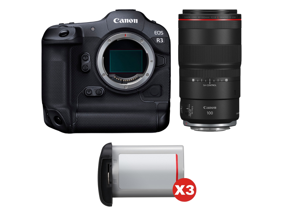 Canon EOS R3 + RF 100mm f/2.8 L Macro IS Usm + 3 Canon LP e19 + Libro electrónico “20 consejos para fotos impresionantes”