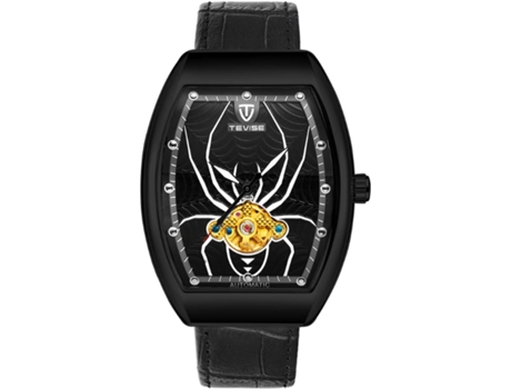 VEANXIN Reloj Mecánico Relojes Automáticos Rectángulos de Cuero Negro-Oro