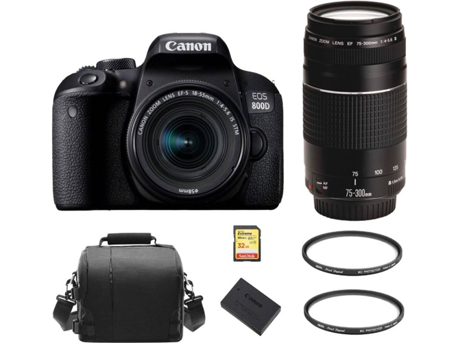 Kit Cámara Réflex CANON EOS 800D EF-S 18-55mm F4-5.6 IS STM + EF 75-300mm F4-5.6 III + SD de 32GB + Bolsa + LP-E17 + Hoya 58mm PRO 1D Protector + H...