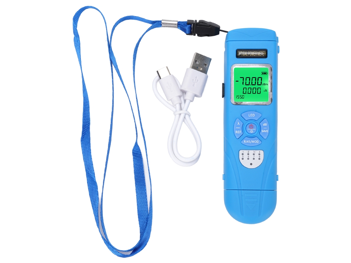 Medidor de potencia óptica portátil de mano con 10 longitudes de onda, comprobador RJ45 y luz LED.