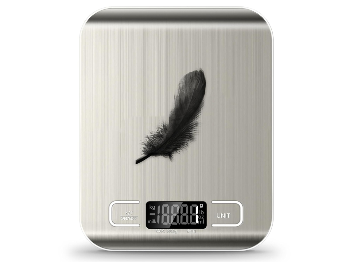 Balanza de cocina digital de 5 kg, acero inoxidable, pantalla LCD, precisión de 1 g, pilas incluidas.