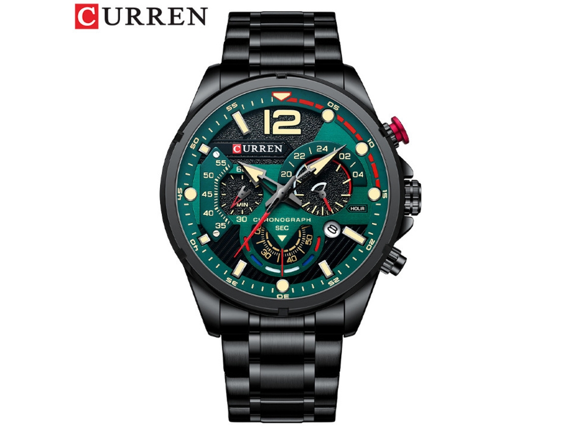 Reloj De Negocios Para Hombre (negro Y Verde) De Acero Inoxidable, Cuarzo, Fecha, Seis Manecillas, Multifuncional Luminoso
