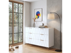 Cajonera De Dormitorio Y Pasillo Con 6 Cajones, Cómoda Y Mueble Auxiliar 100x34x72,5 Cm Con Patas Doradas Y Relieve Geométrico, Blanco
