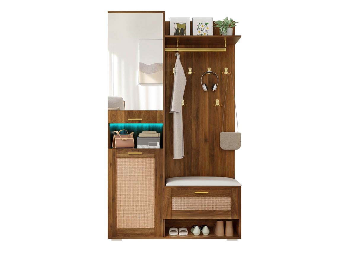 Mueble Recibidor - Con Espejo, 6 Ganchos Dorados, Zapatero, Banco Con Led - Nogal, Blanco