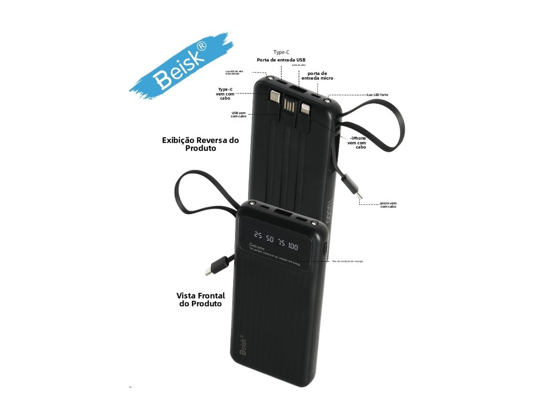 Beisk Black 4-in-1 Power Bank | 10000mah Built-in Cable Digital Display Portable Charger With Led Light