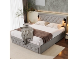 Cama Tapizada De 160x200 Cm, Led, Usb, Diamante, Hidráulica, Gris.