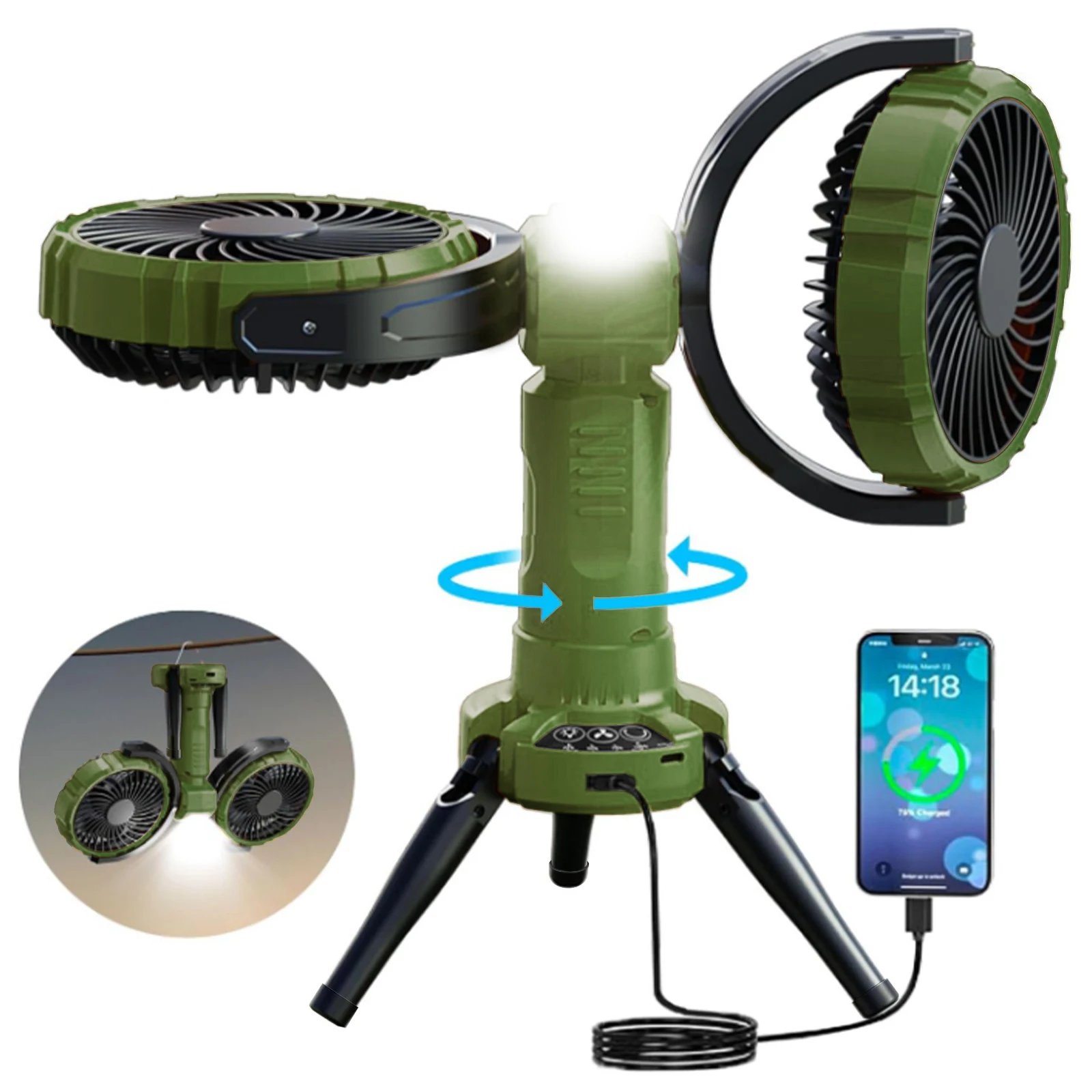 Ventilador portátil multifuncional MDUG, recargable por USB, con control remoto.
