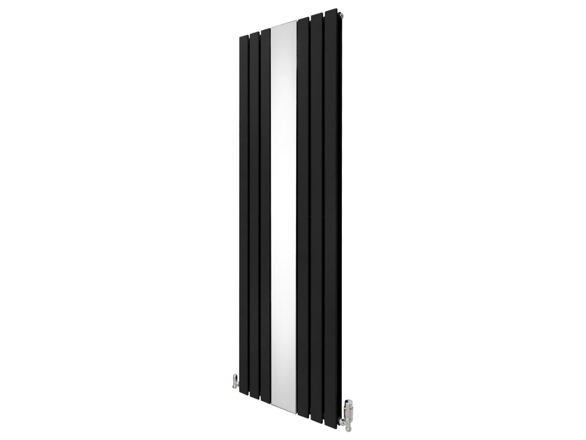 Radiador vertical plano negro de 1800 x 565 mm con espejo integrado y válvulas termostáticas cromadas - Monstershop
