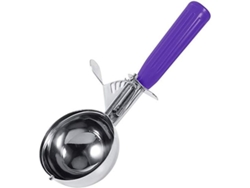 Cuchara de acero inoxidable para helado, fruta y puré de patatas, con mango antideslizante y palanca de liberación.