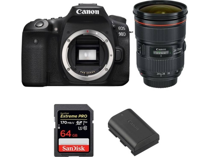 Kit Cámara CANON EOS 90D + EF 24-70mm f/2.8L II USM + SanDisk 64 GB + Batería (APS-C)