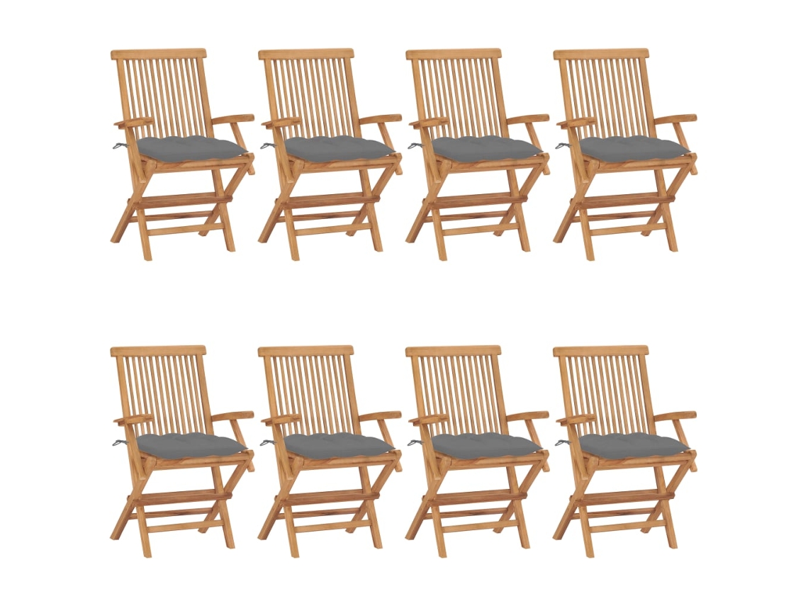 Sillas de jardín DKD Home Decor de 8 piezas con cojines grises, teca maciza