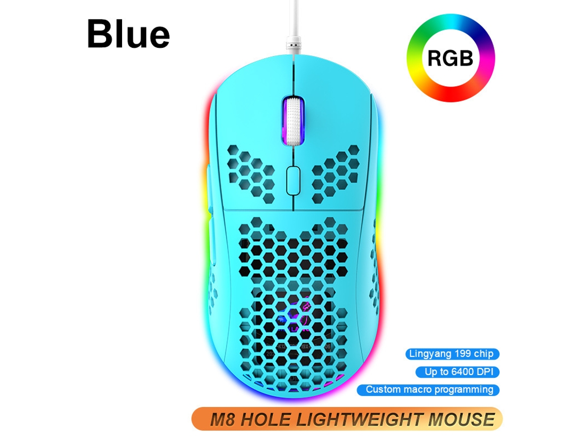 YIZHOOD-ratón M8 con cable, funda tipo panal, ultraligero, negro, blanco, para juegos, 6400 DPIRGB, retroiluminado, para Win, Xbox, PS4, Mac, HP, azul