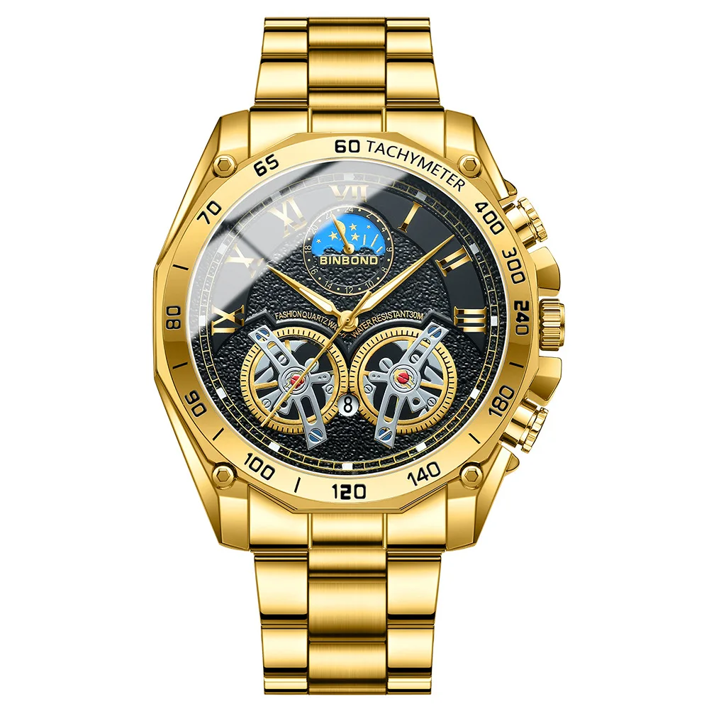 Reloj De Cuarzo De Lujo Para Hombre (dorado Y Negro), Esfera Decorada, Resistente Al Agua.