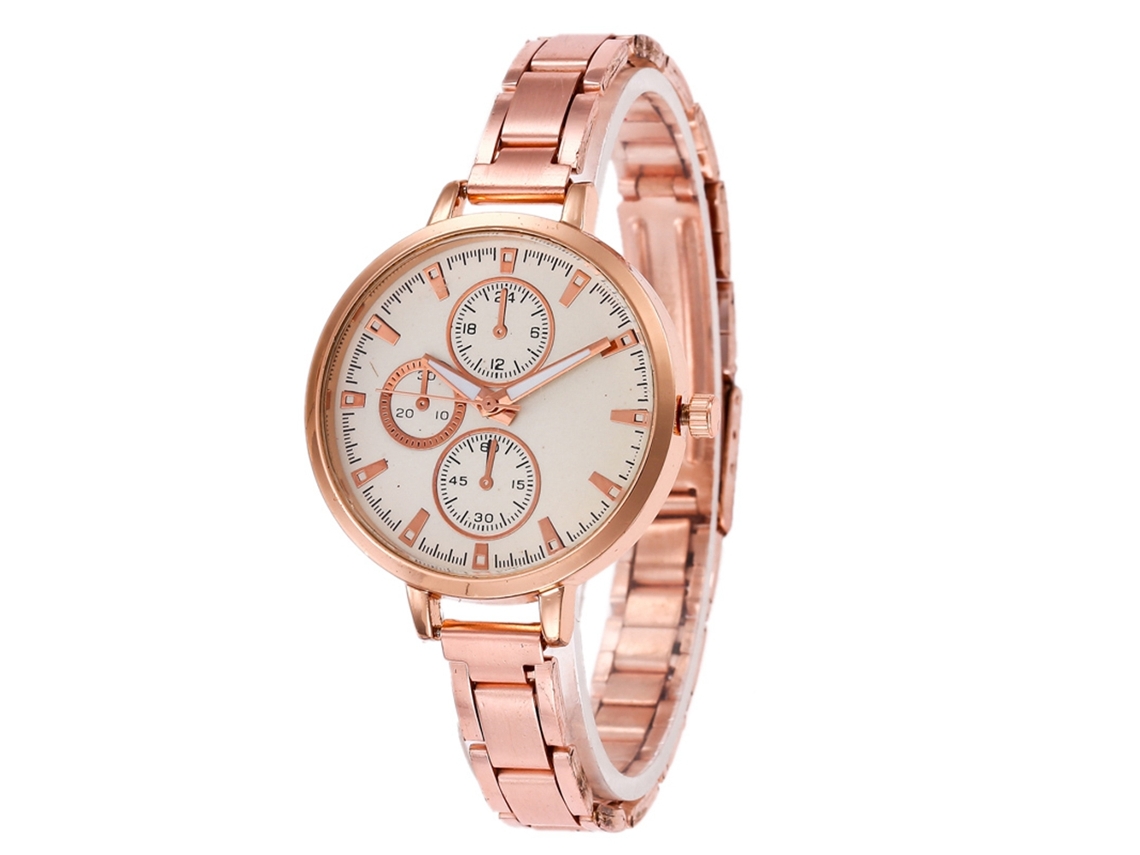 Reloj De Pulsera De Aleación Con Esfera Redonda, Movimiento De Cuarzo Analógico, Elegante Oro Rosa.