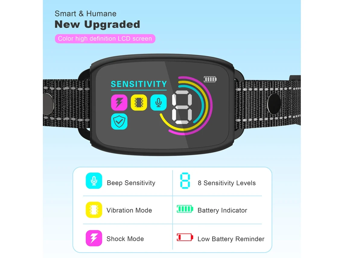 Collar antiladridos para perros con sonido, vibración y descargas eléctricas, IP67 y batería de 15 días de duración.