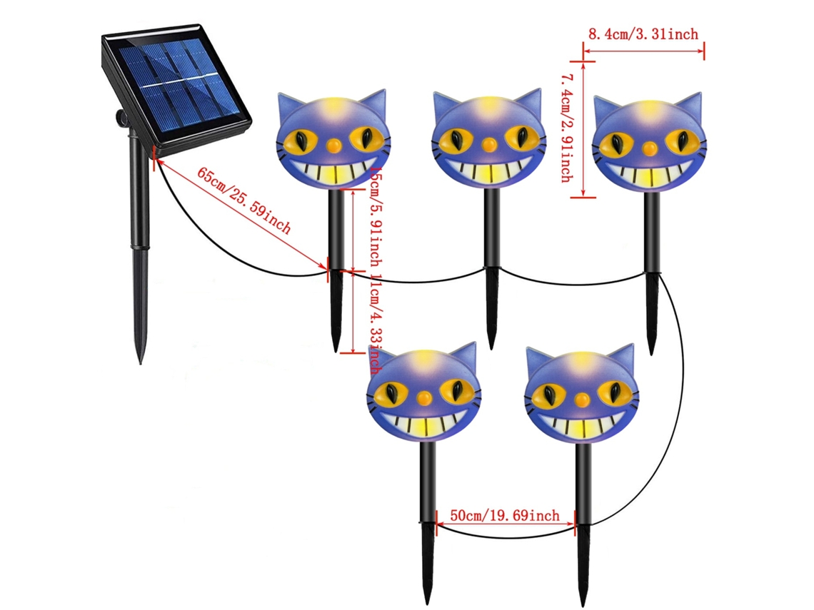 Decoración solar LED para suelo de Halloween, cabeza de gato morada, impermeable, un solo arrastre, caja de 5 pilas, tubo negro Chennnls