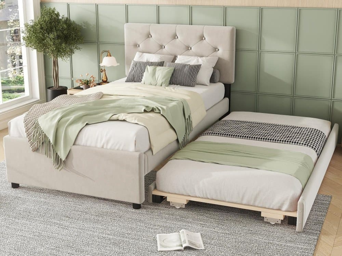 Lit Simple 90x200cm En Velours - Avec Un Lit Gigogne - Avec Sommier À Lattes - Beige (Materiales No Incluidos)