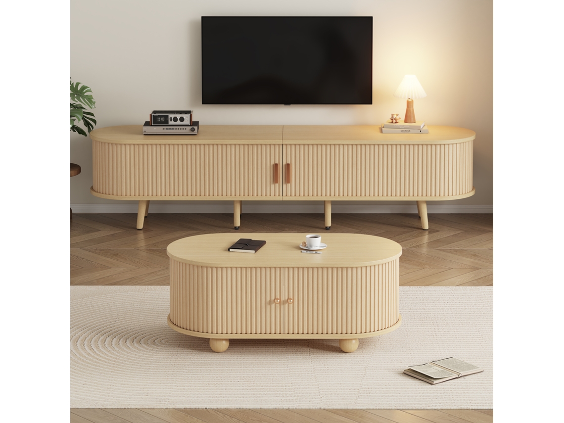 Mueble de TV para salón con almacenaje y mesa de centro de diseño ovalado en madera MDF original Mobrio