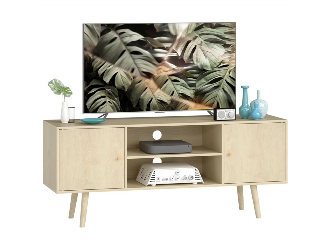 Suporte Para Tv Para Televisores De Até 55 Polegadas, Com 2 Armários E 2 Prateleiras Abertas, 120x34x50cm, Acabamento Em Madeira Natural.