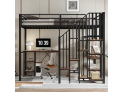 Cama alta de 120 x 200 cm con escritorio y estantería, armario abierto y escalera de seguridad de 4 peldaños, color negro estilo natural (sin colchón).