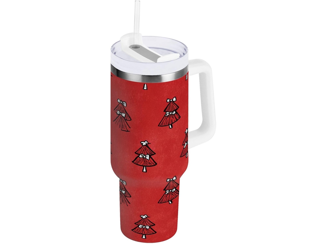 Taza térmica navideña, capacidad de 1200 ml, con pajita y tapa de acero inoxidable. Sin marca.