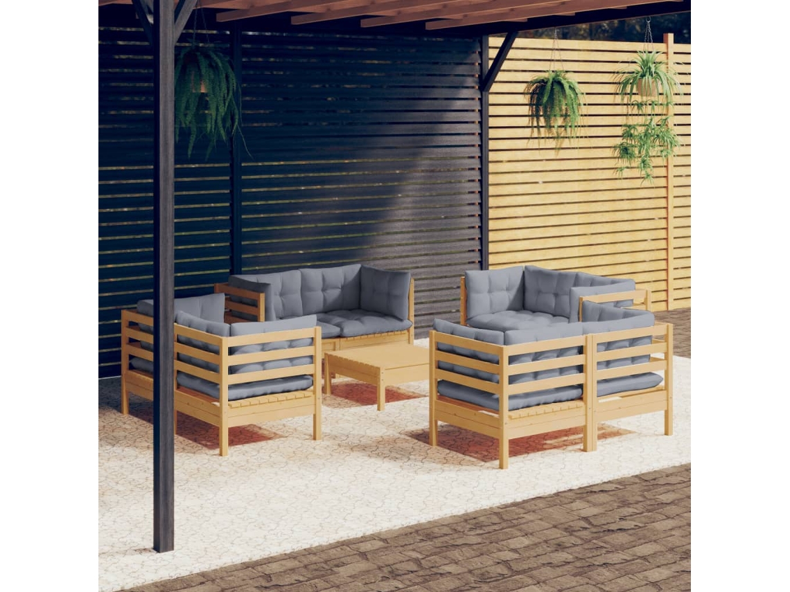 Conjunto de jardín DKD Home Decor de 9 piezas con cojines de pino gris