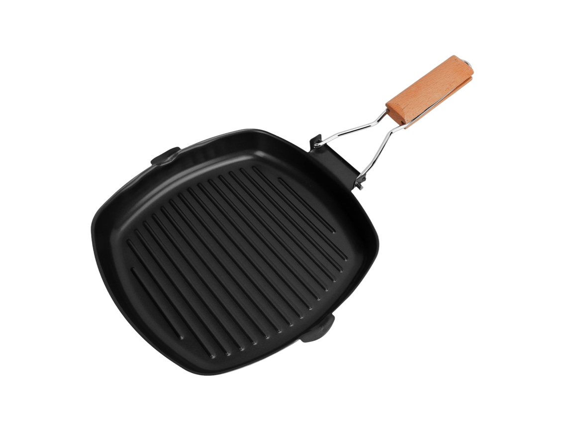Sartén Antiadherente De Hierro Forjado Con Mango De Madera Plegable Para Camping Y Barbacoa, 24 Cm.