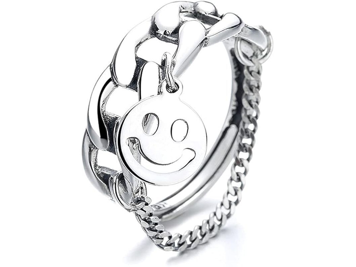 Anillo De Plata Esterlina Ajustable Con Cara Sonriente Para Mujer Moda Chunky Statement Band