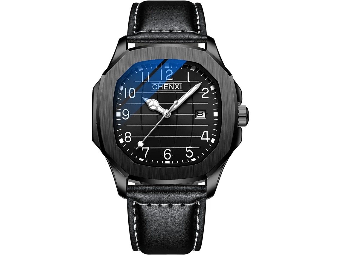 Reloj para Hombre con Correa de Cuero de Acero Inoxidable Resistente al Agua - Negro