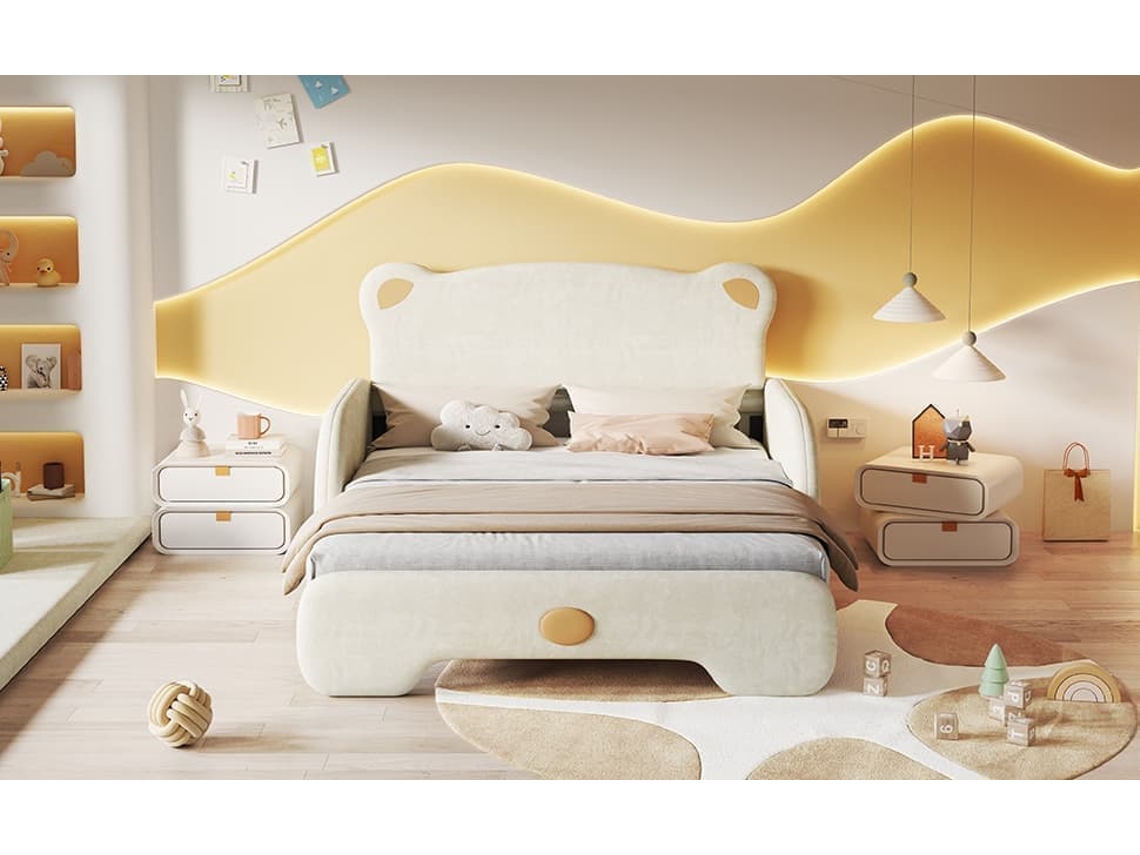 Cama Infantil Doble 140x200cm - Diseño En Forma De Oso Con Borde Acolchado Y Somier De Madera - Beige