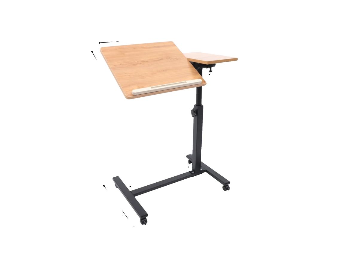 Escritorio móvil de oficina, altura regulable, diseño ergonómico, madera negra.